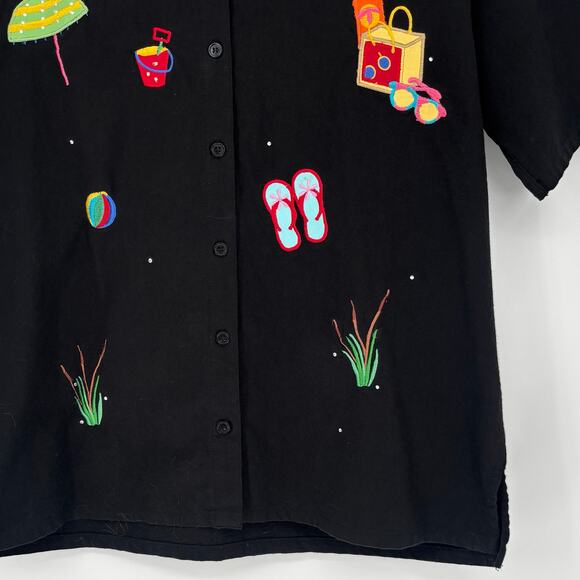 Bobbie Brooks Black Embroidered Beach Rhinestone Button-Up Shirt Size L - Picture 3 of 5